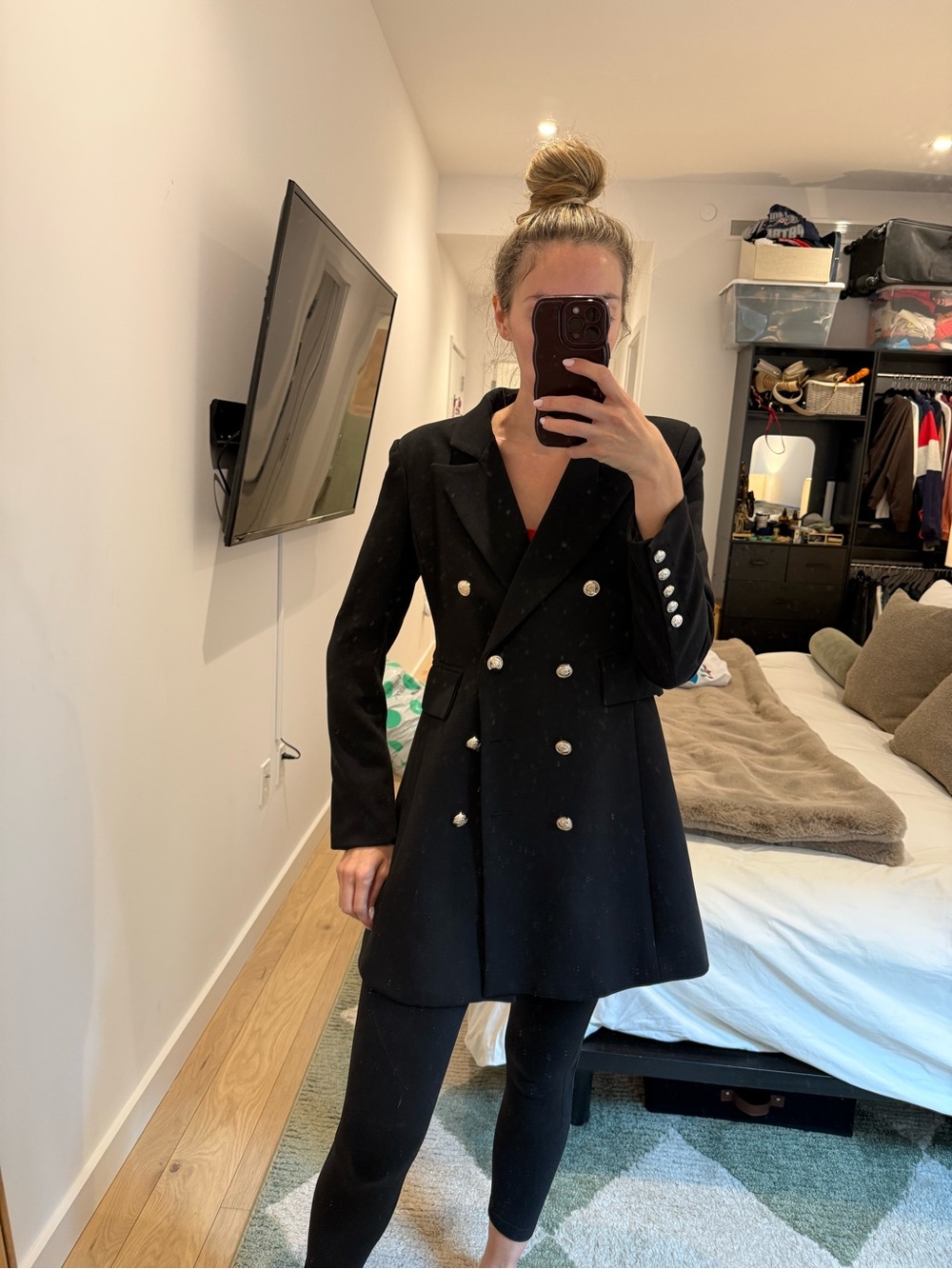 Double-Breasted Black Women's Coat with Decorative Buttons